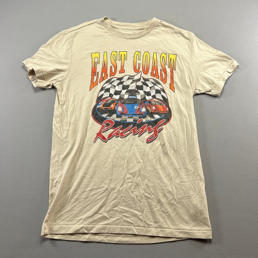 Aeropostale T Shirt Mens Small Beige East Coast Racing Flag Graphic Print Cotton